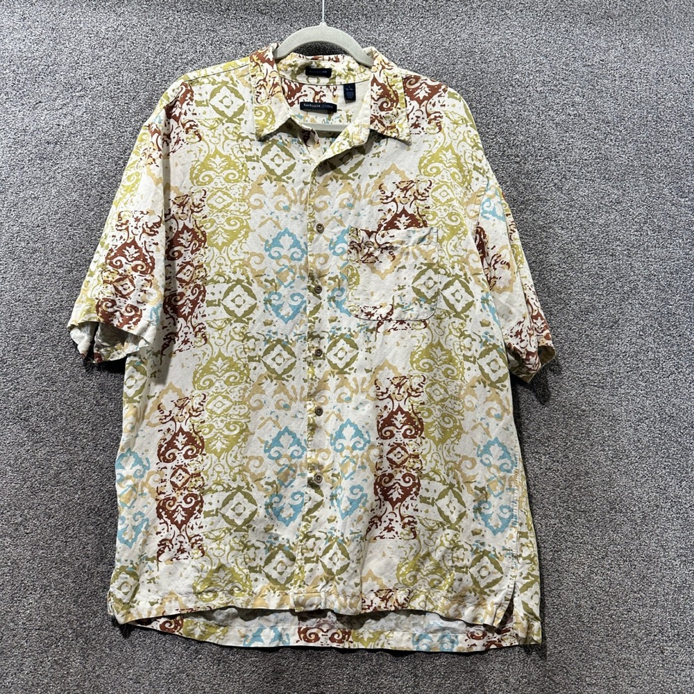 Van Heusen Button Up Shirt Large 16.5 Linen Rayon Casual Short Sleeve‎ Vacation